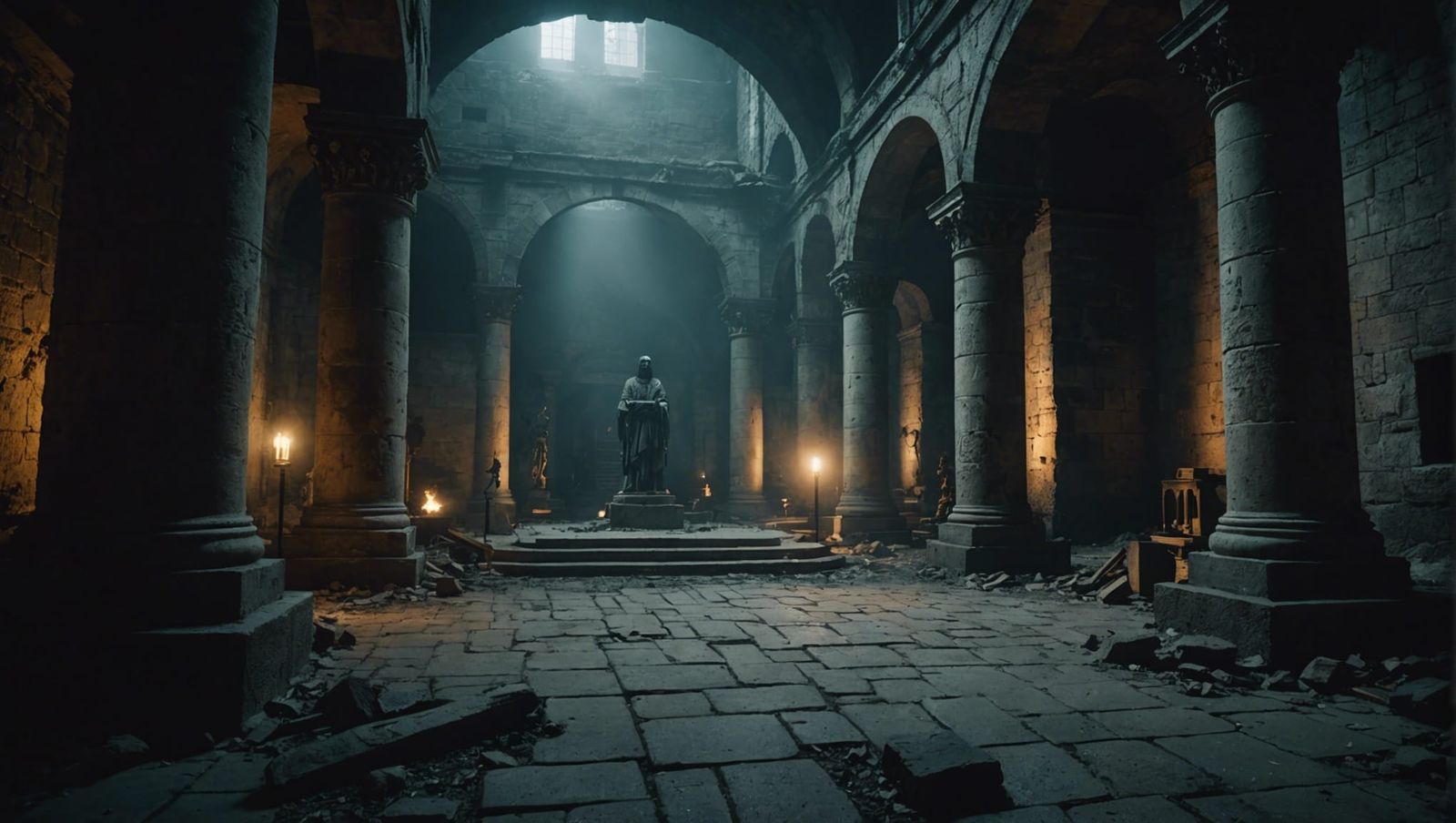 Atmospheric Dark Fantasy Crypt with Statue