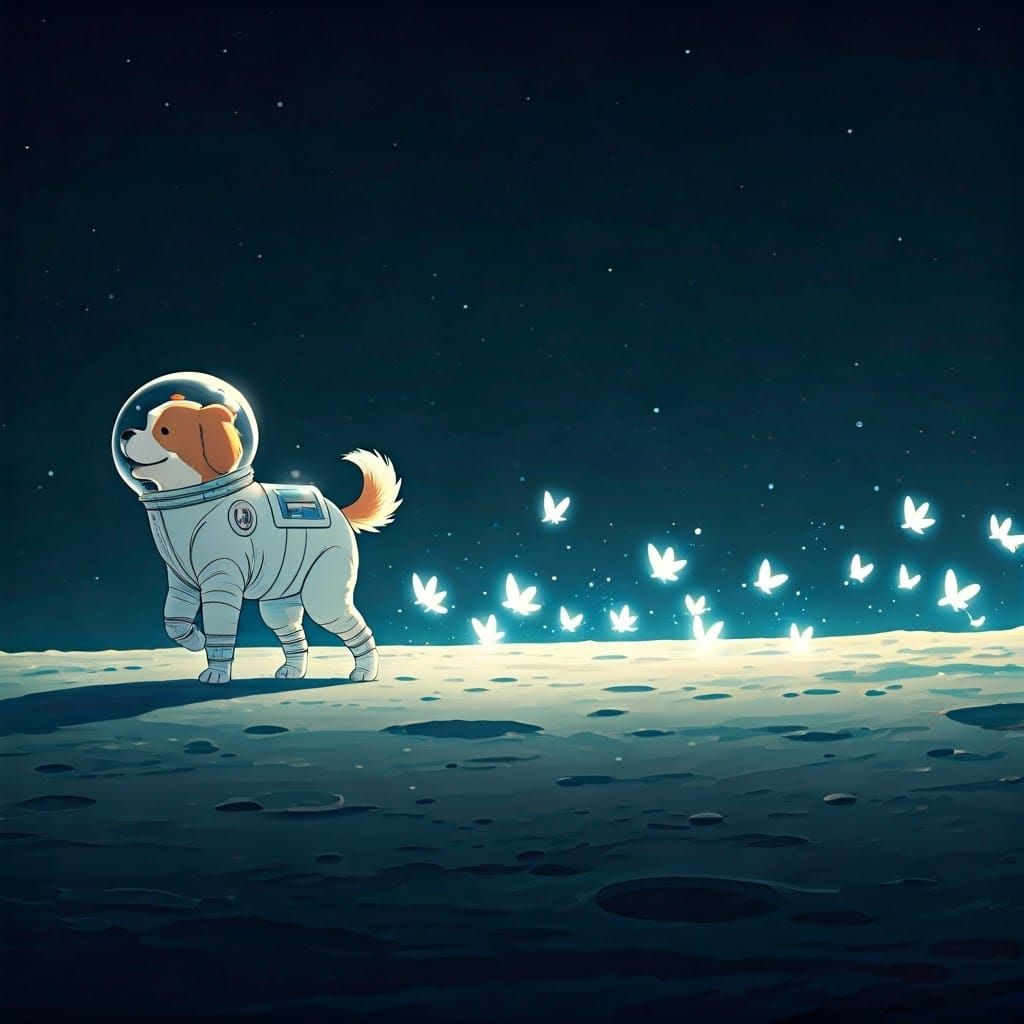 Dog in Spacesuit Chasing Butterflies on Moon