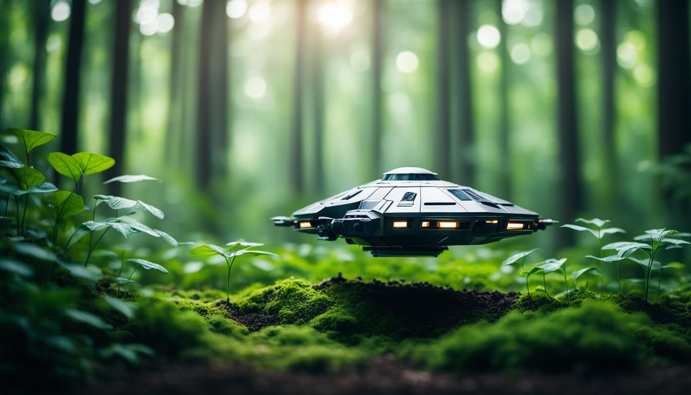 Mini Spaceship Hovering in Forest: Professional Photography