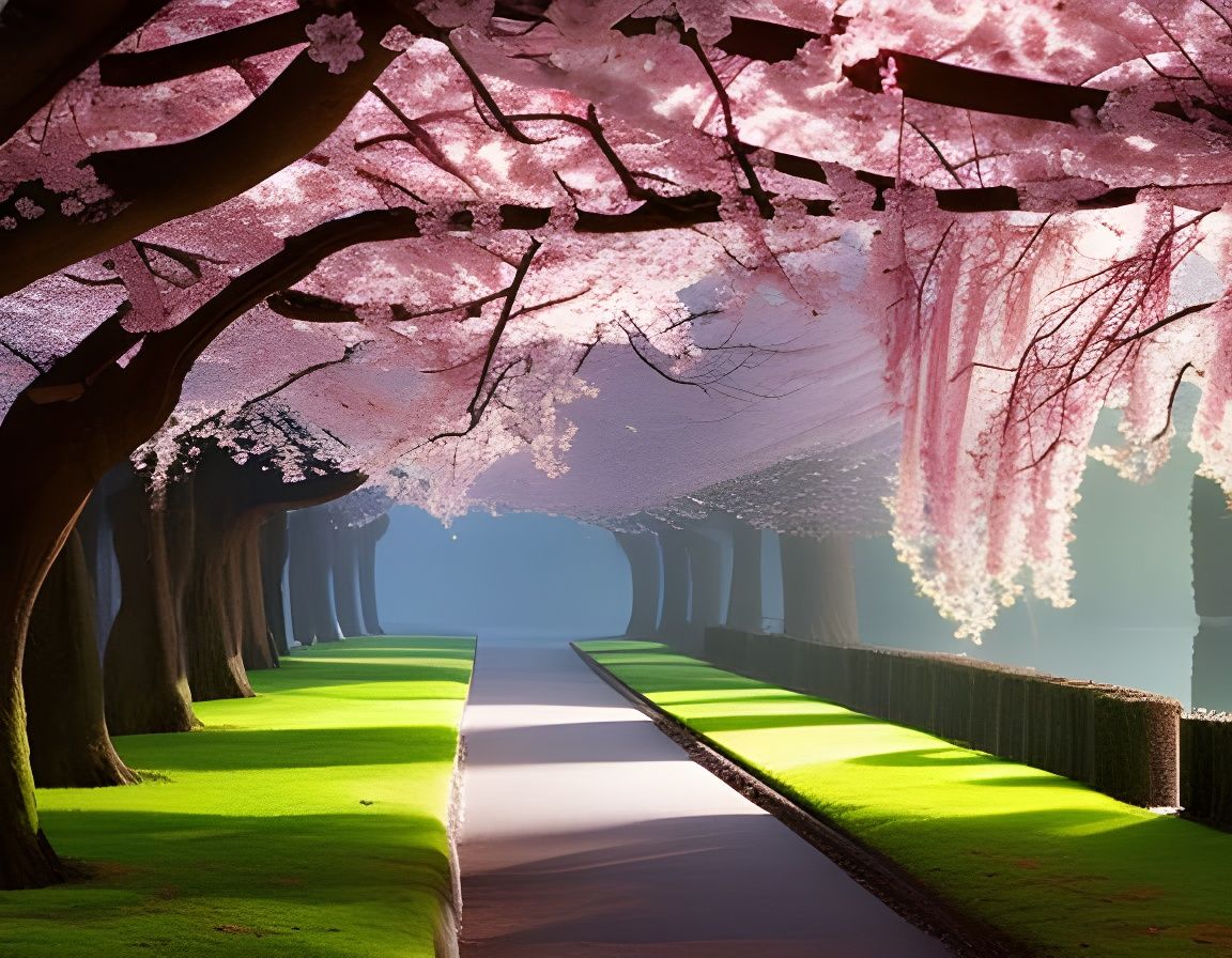 Cherry Blossom Pathway: Serene Watercolor Landscape