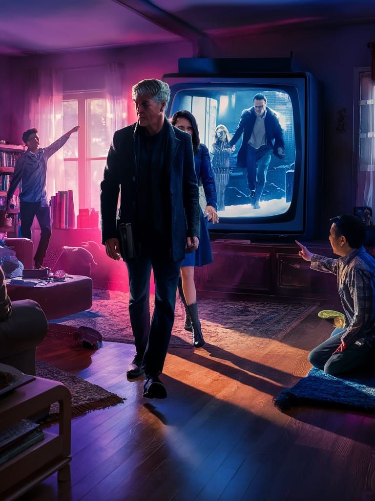 Movie Characters Step Out of the TV: A Hyperrealistic Scene