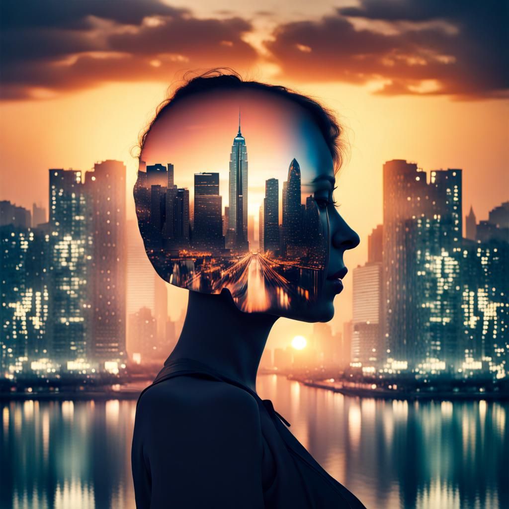 Double Exposure: City Sunset Portrait