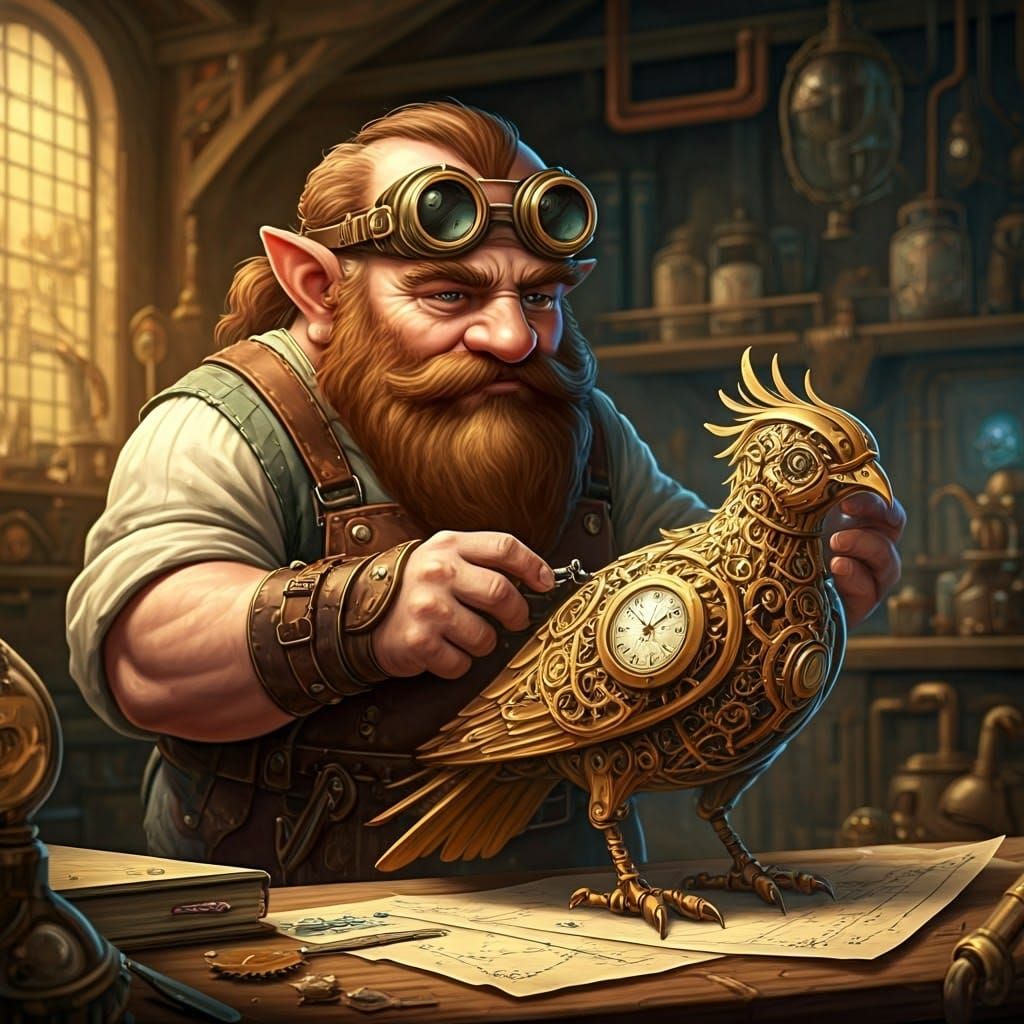 Dwarf Crafts Clockwork Bird in Steampunk Workshop
