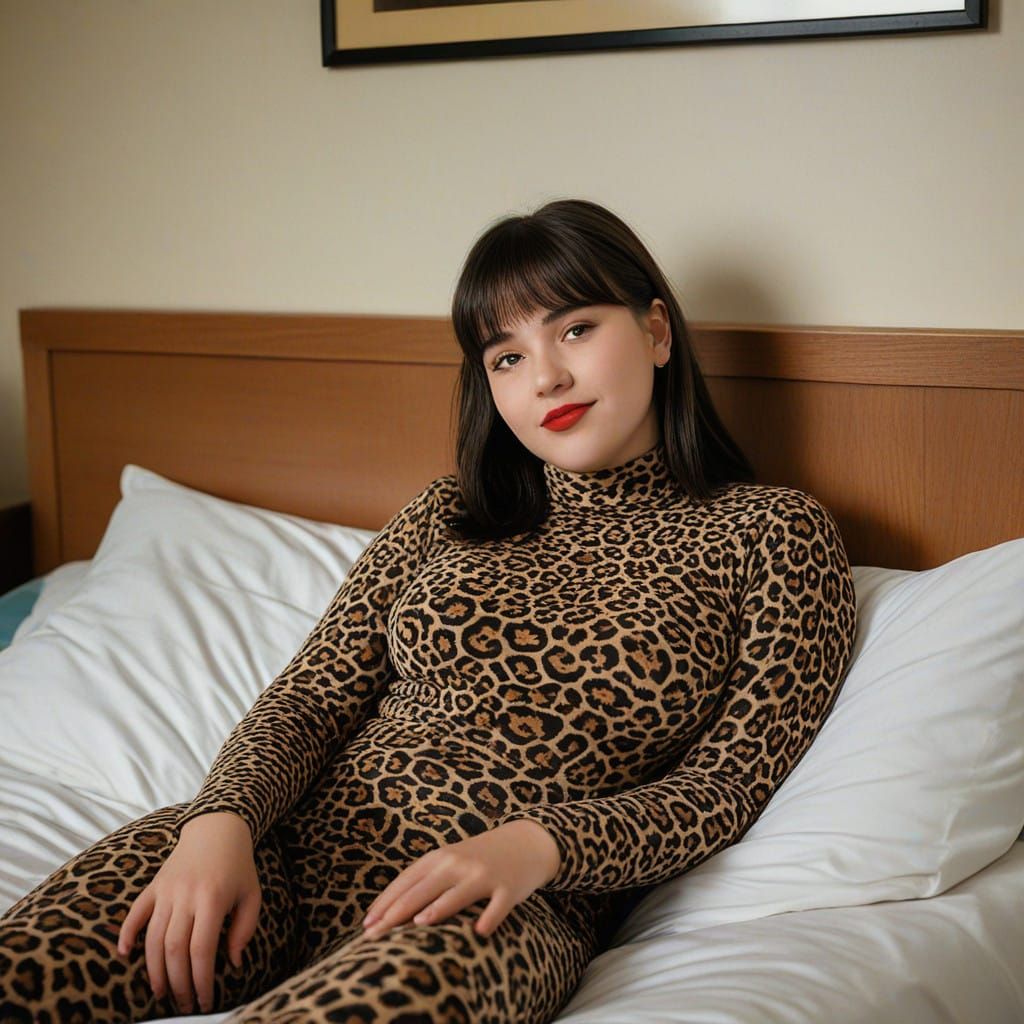 Chubby Teen Girl in Hospital Bed, Leopard Print Turtleneck,...