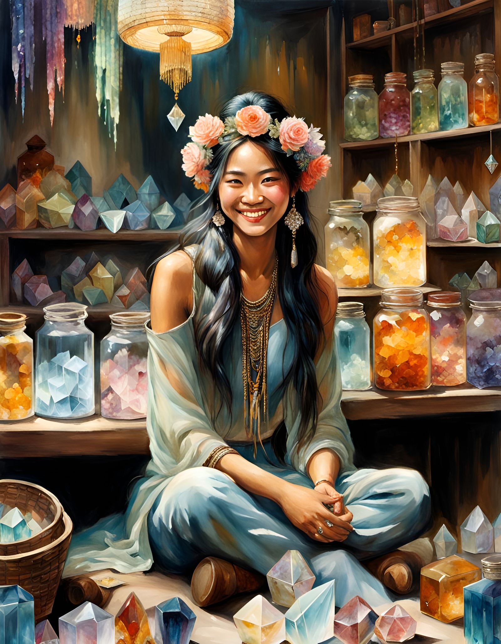 Cambodian Woman in Crystal Shop: Watercolor Art
