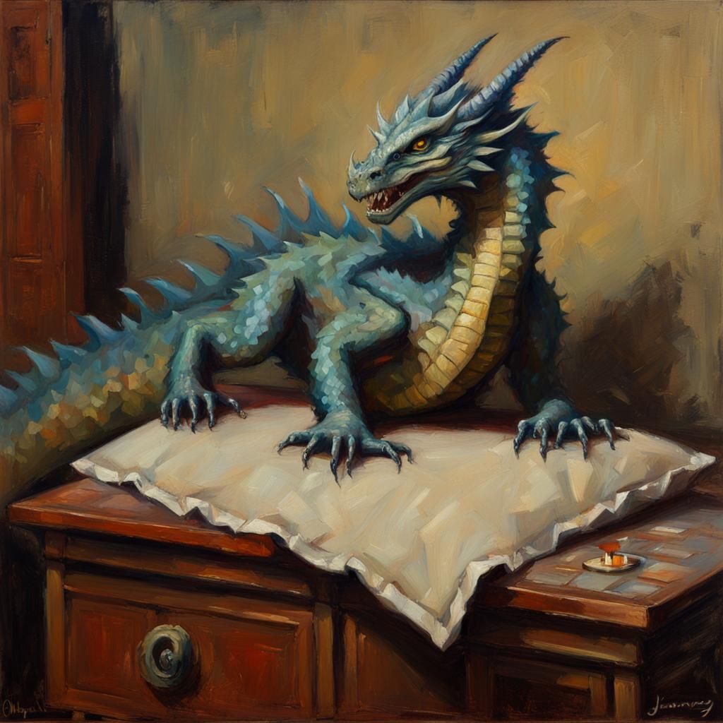 Small Dragon on Pillow, Oil Painting Style