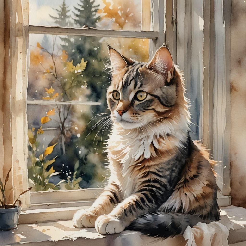 Kitty Cat on Windowsill in Watercolor Style