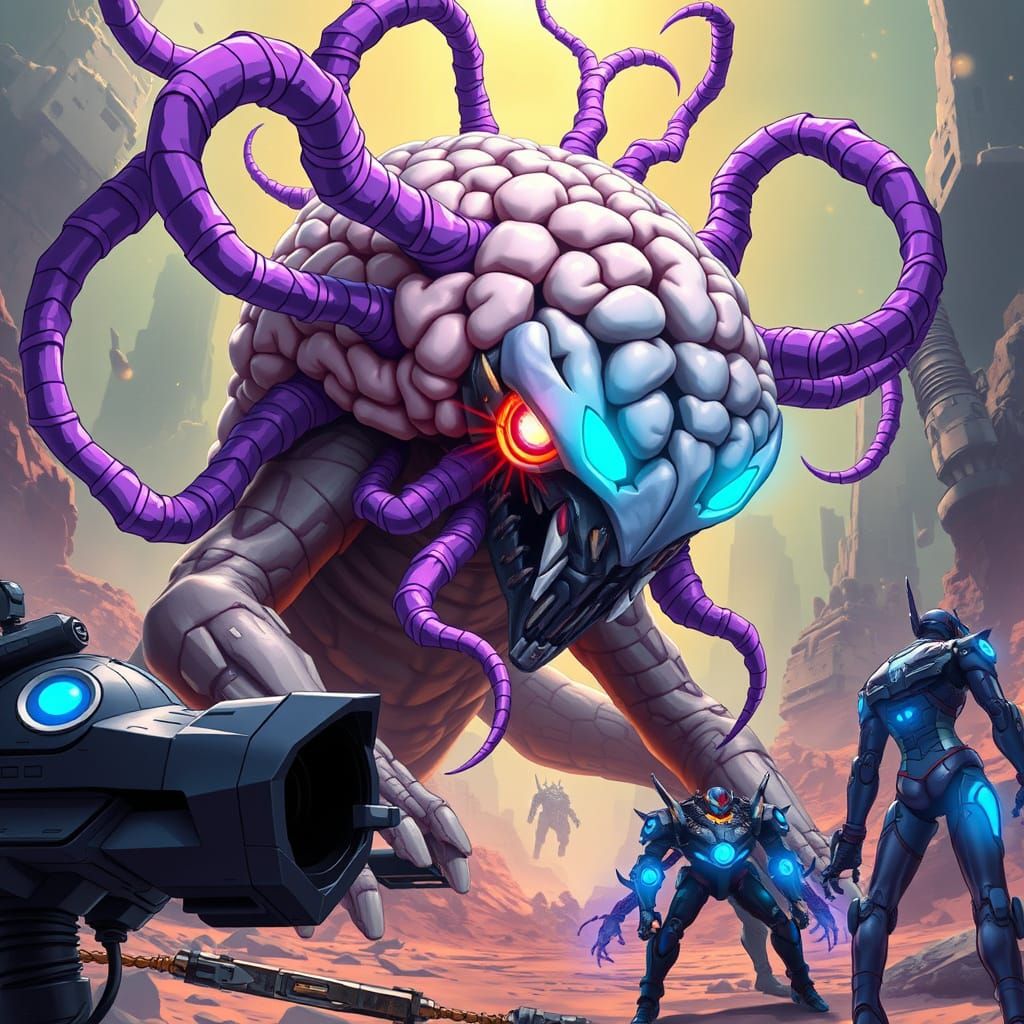 Anime Cybernetic Beast Defended by Neon Robots