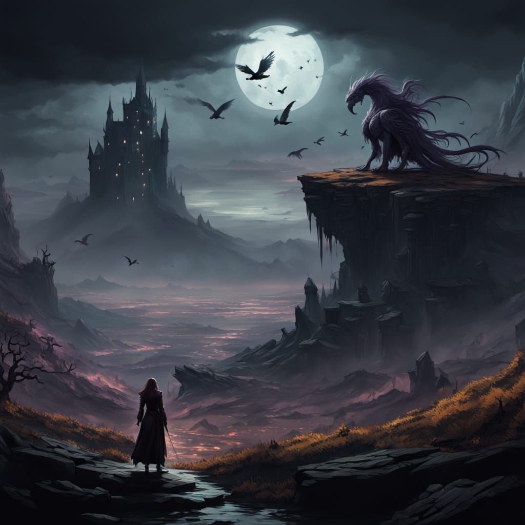 Ethereal Dark Fantasy Goddess on Precipice of Eternal Night