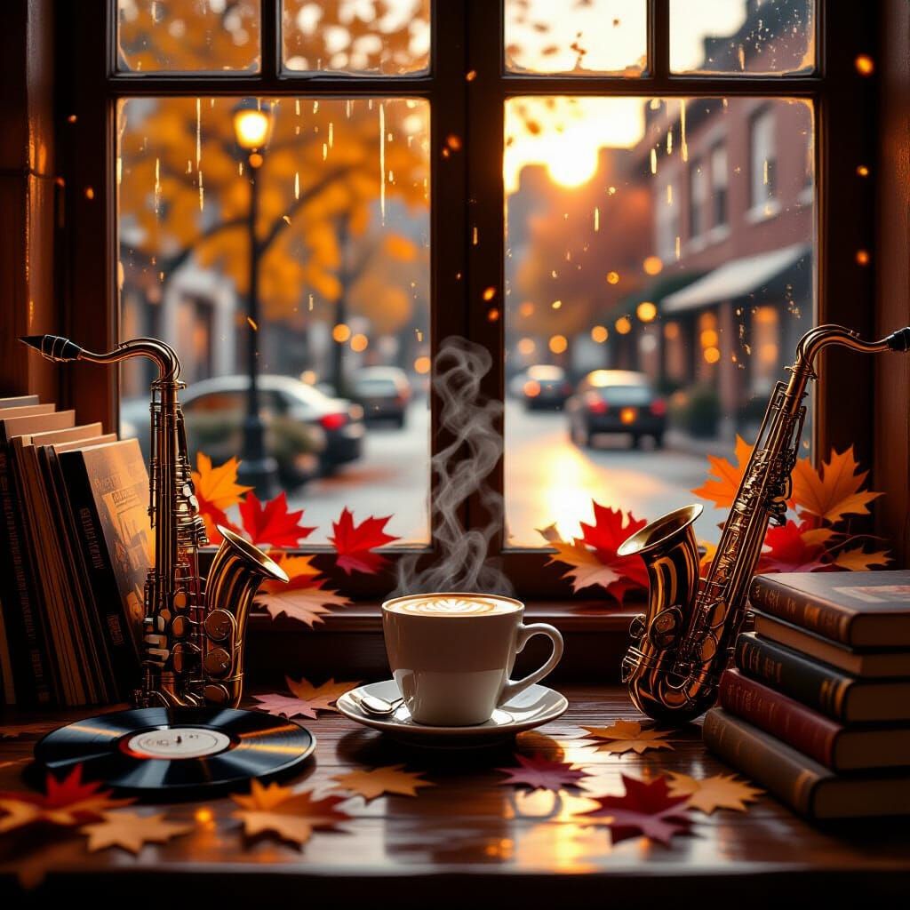 Cozy Autumn Cafe at Dusk with Golden Hour Light