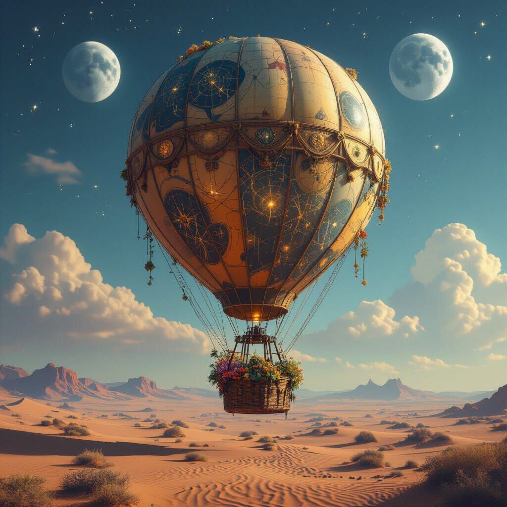 Celestial Hot Air Balloon Over Alien Desert Landscape