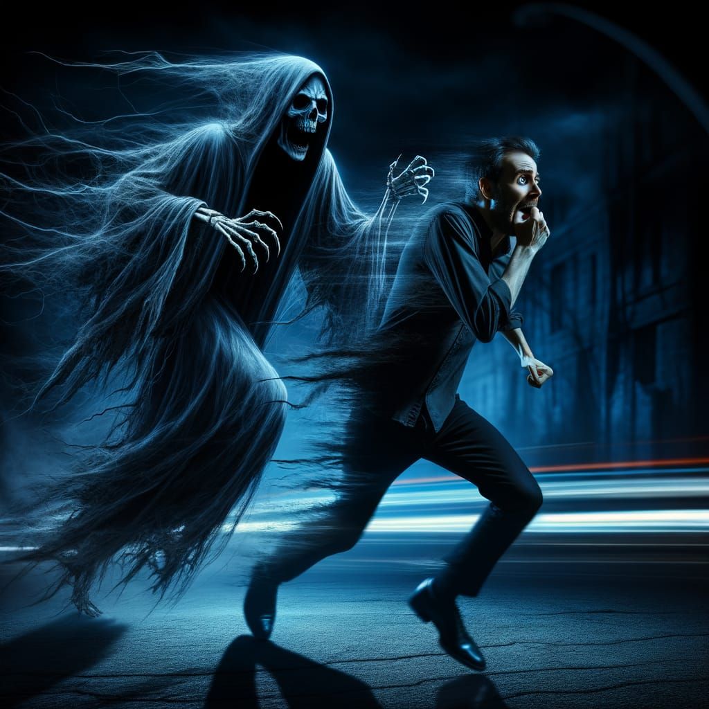 Eerie HDR Photo: Man Fleeing Grim Reaper