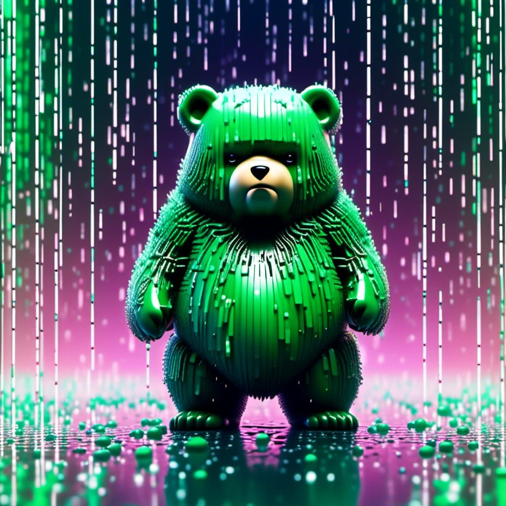 Chibi Bear in Matrix Digital Rain, Hyperdetailed Art