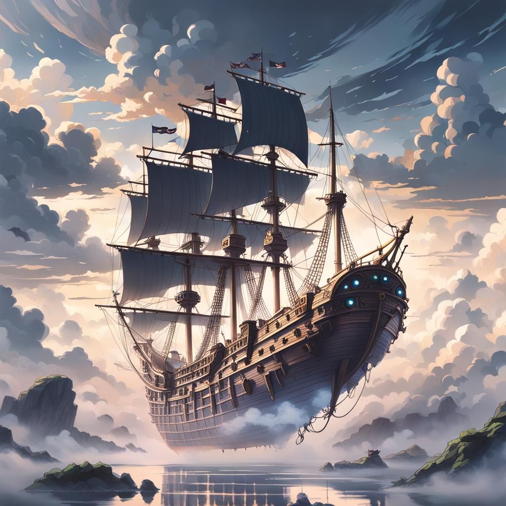 Anime Pirate Ship in Misty Sky: Ghibli Style
