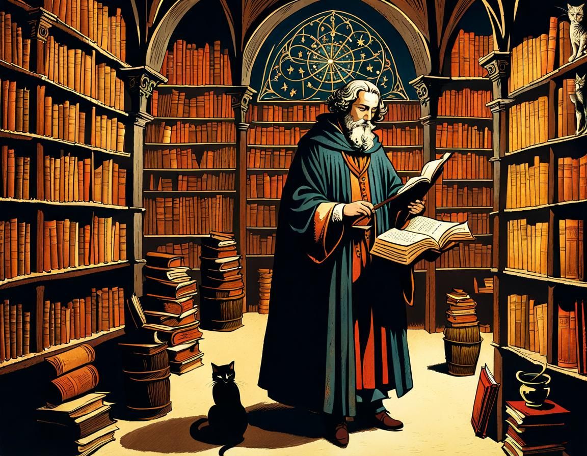 Librarian and his cat, medieval lairs, libraries filled with...