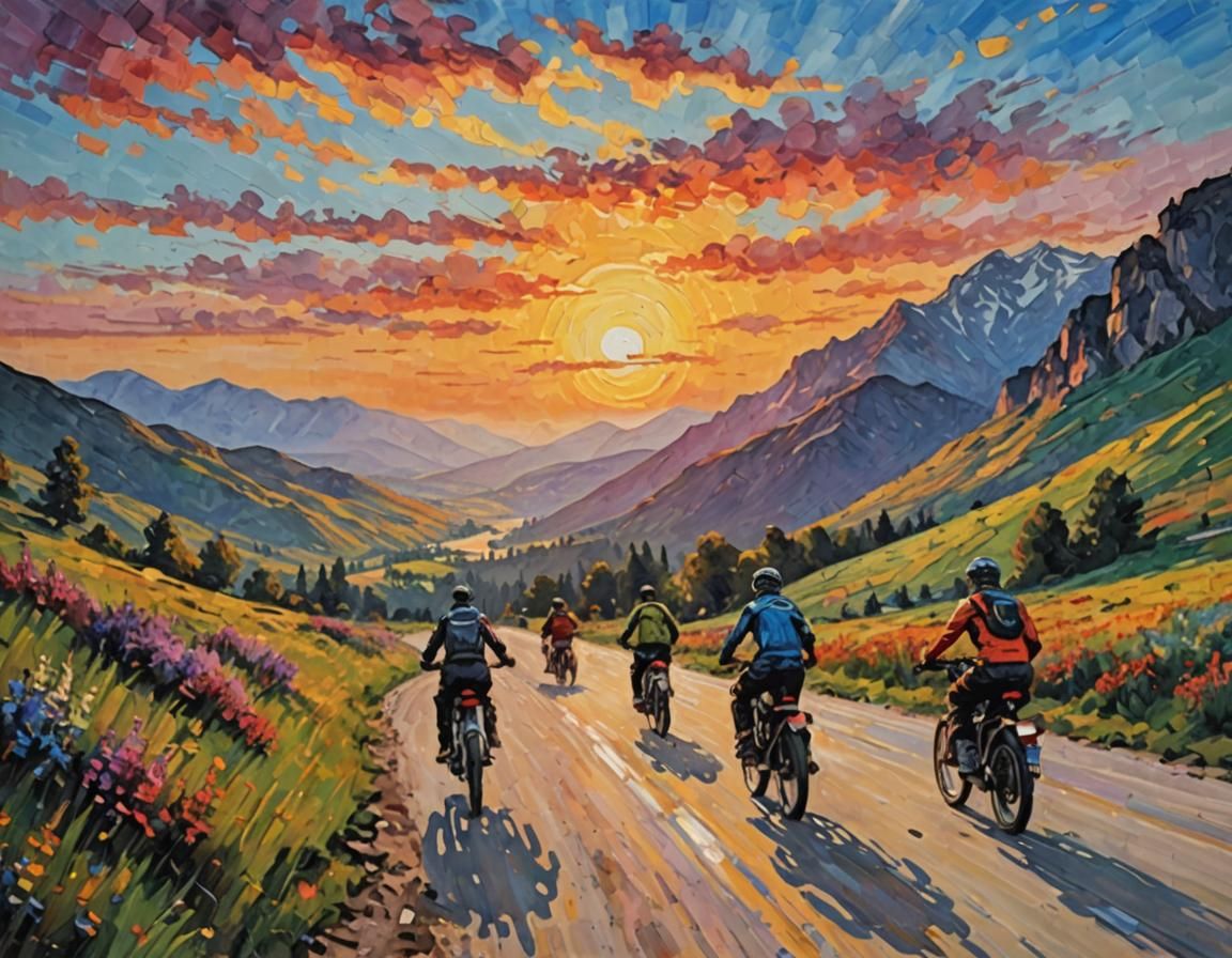 Bikers Ride into Sunset: Impressionist Mountain Scene