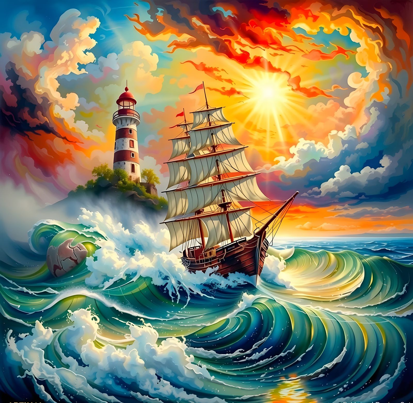 Sea Glass Lighthouse Sculpture in Art Nouveau Style