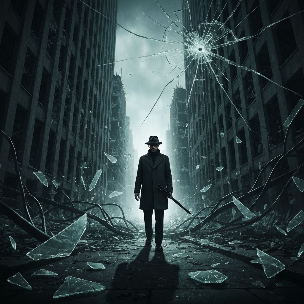 Detective in Ruined Cityscape with Surreal Distortion