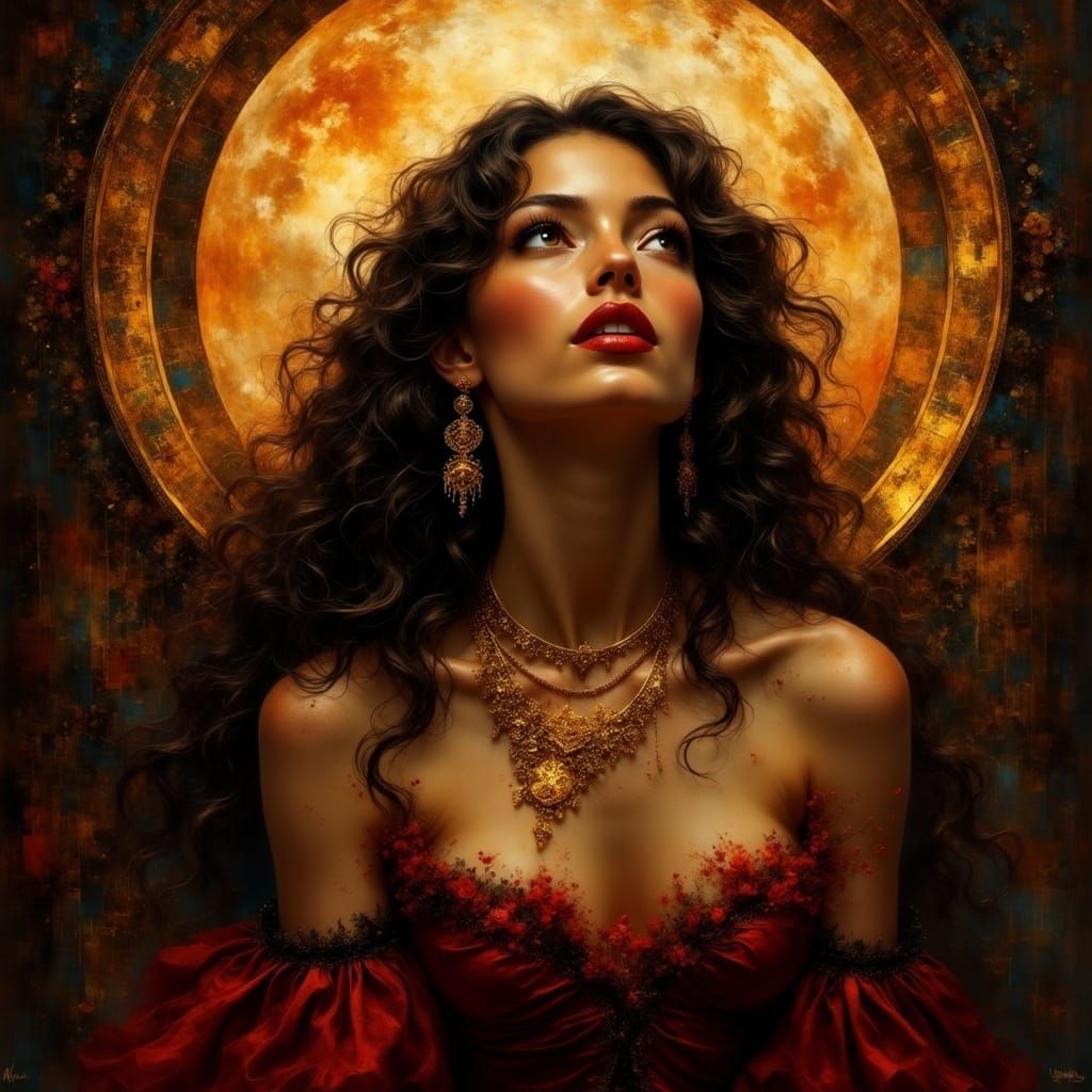 Ethereal Spanish Woman Under Blood Moonlight in Dreamlike Re...