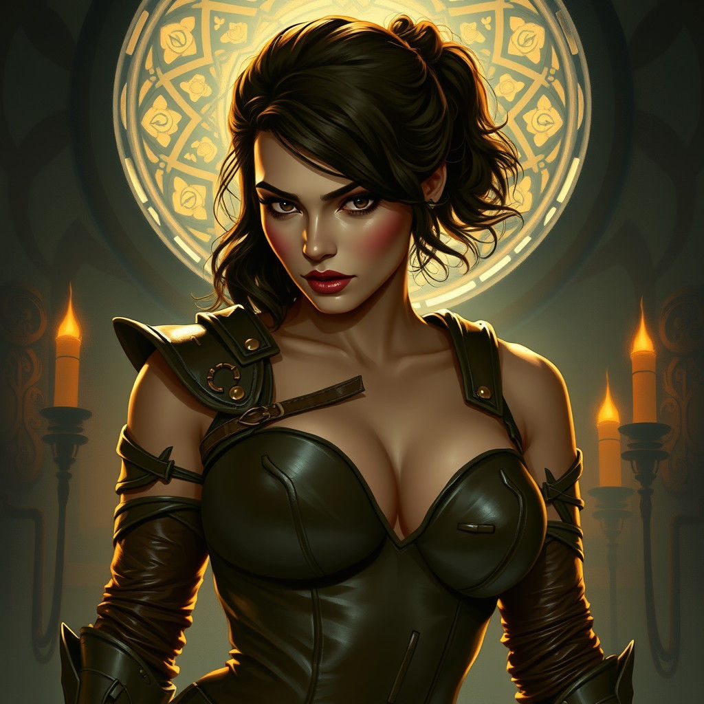 Fantasy Woman in Leather Armor, Art Nouveau Style