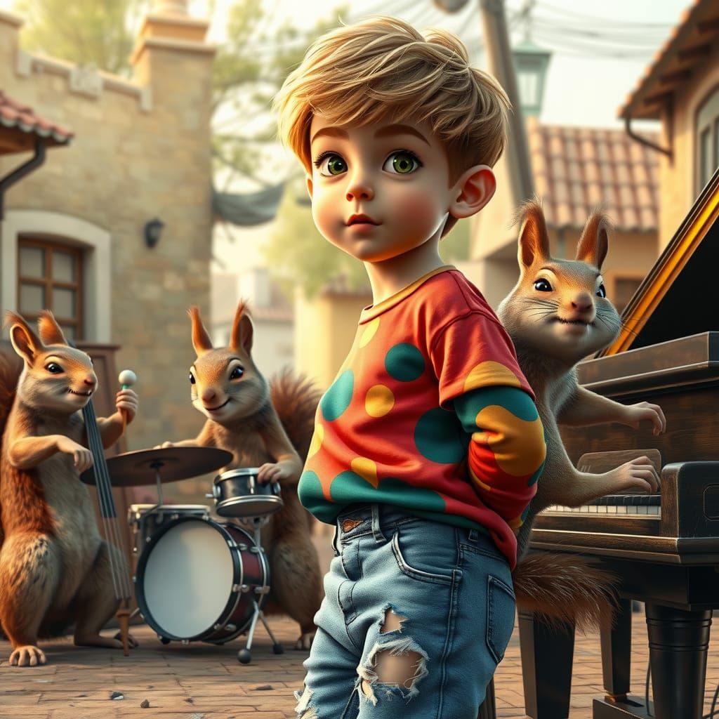 Boy Watches Squirrels Play Music, Hyperrealistic Illustratio...