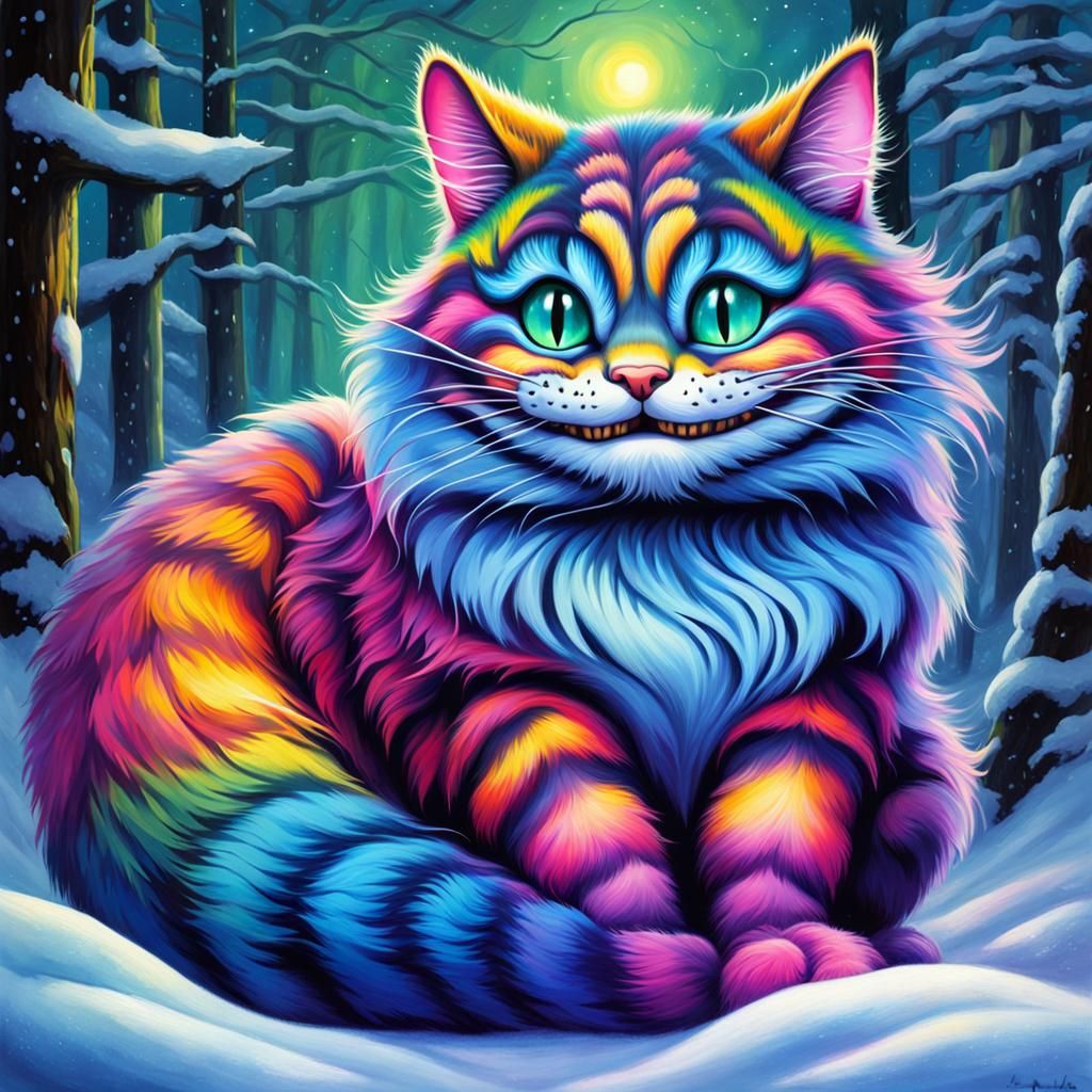 Psychedelic Cheshire Cat in Snowy Forest: Digital Painting