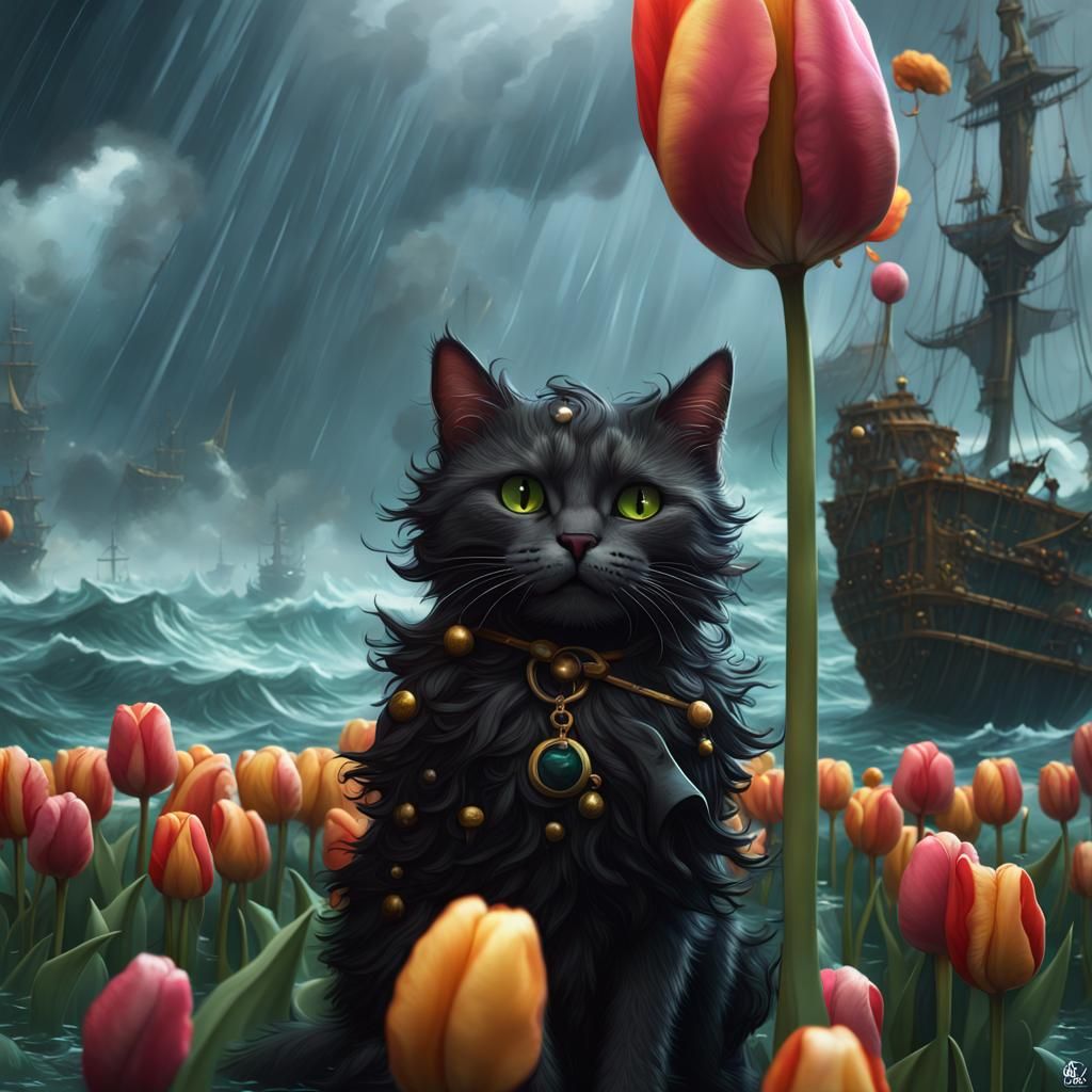 Pirate Cats Sailing a Tulip During Yarn Ball Rain