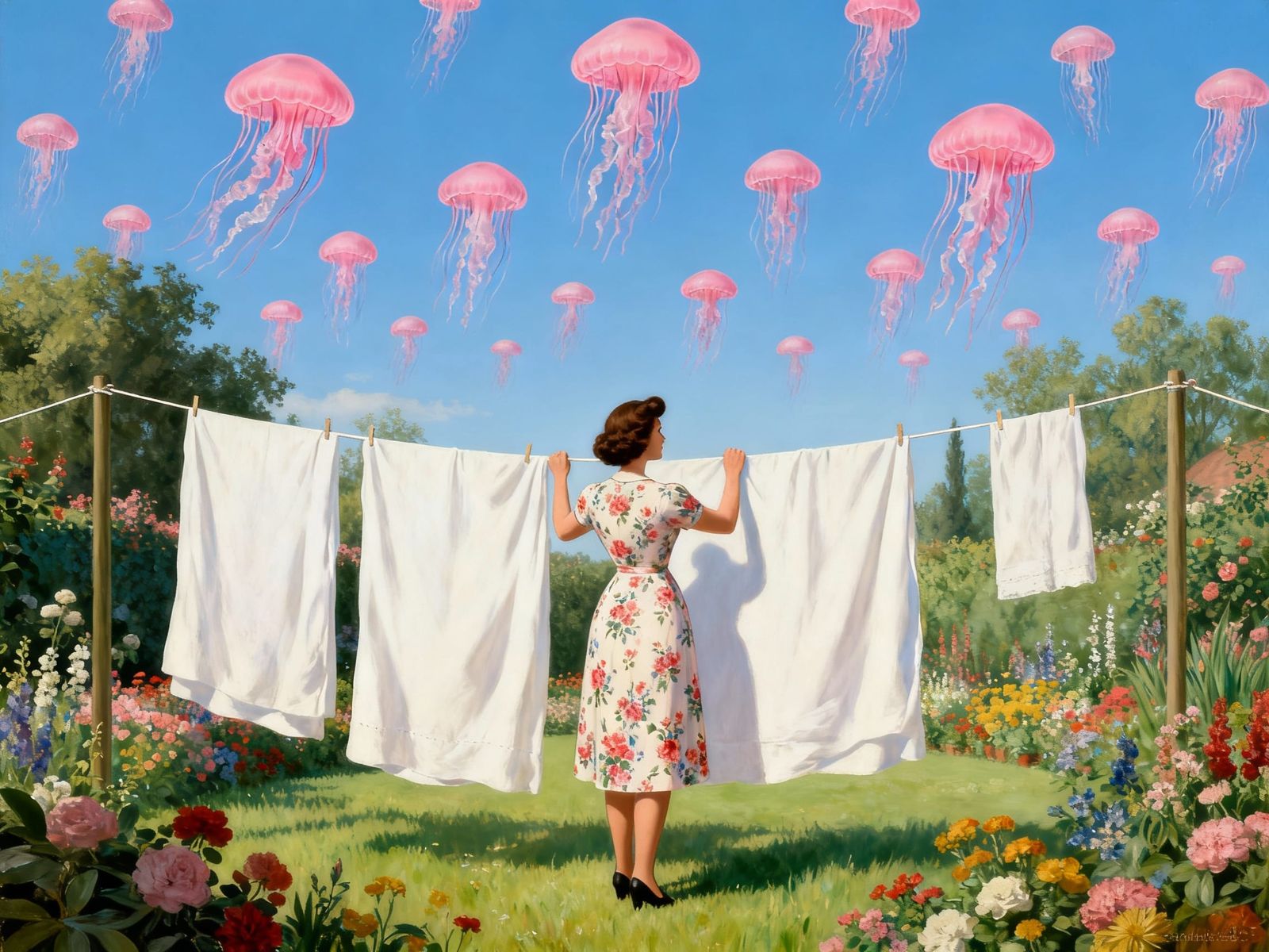 Surreal Summer Garden with Pink Jellyfish Sky