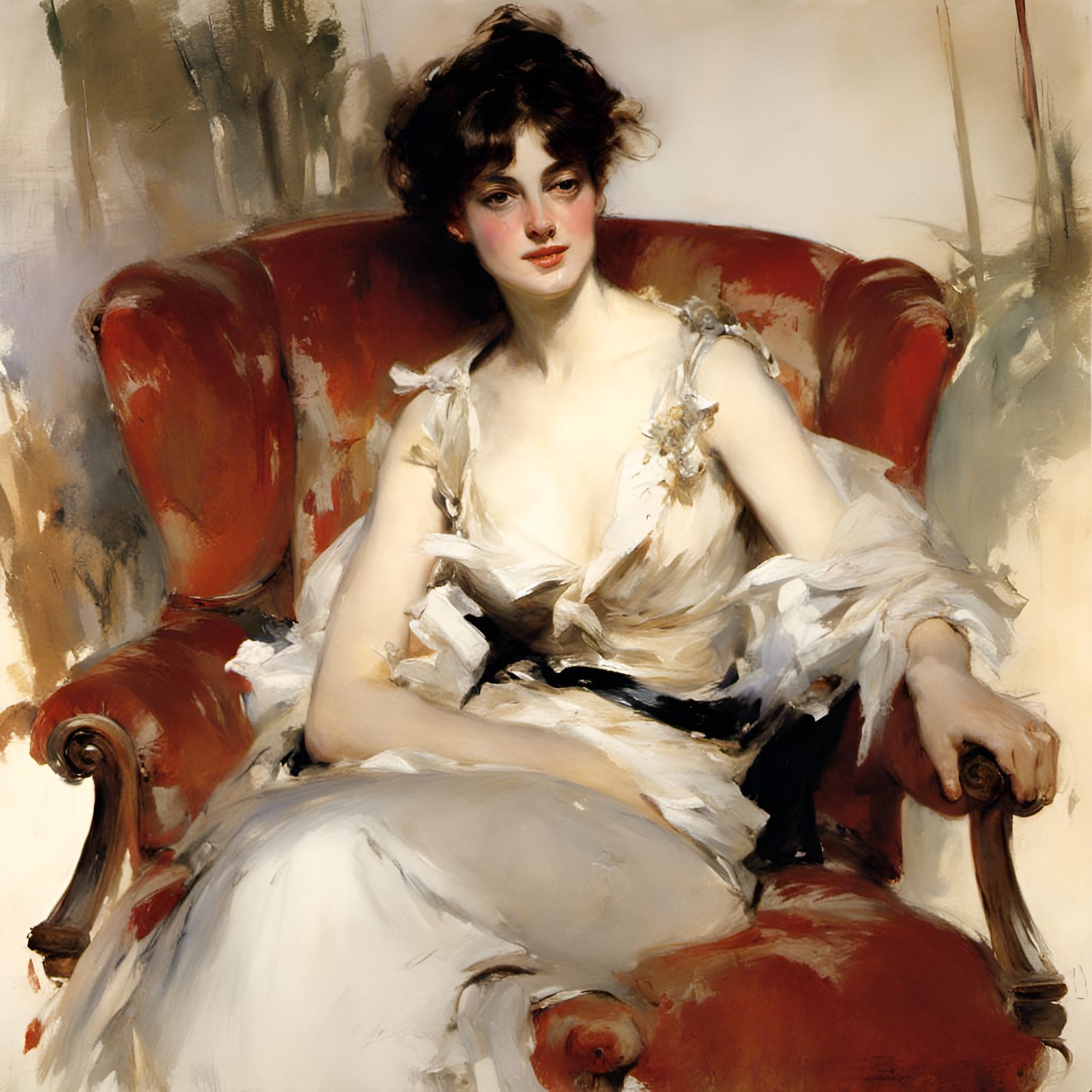 Elegant Woman in Armchair, Impressionistic Portrait