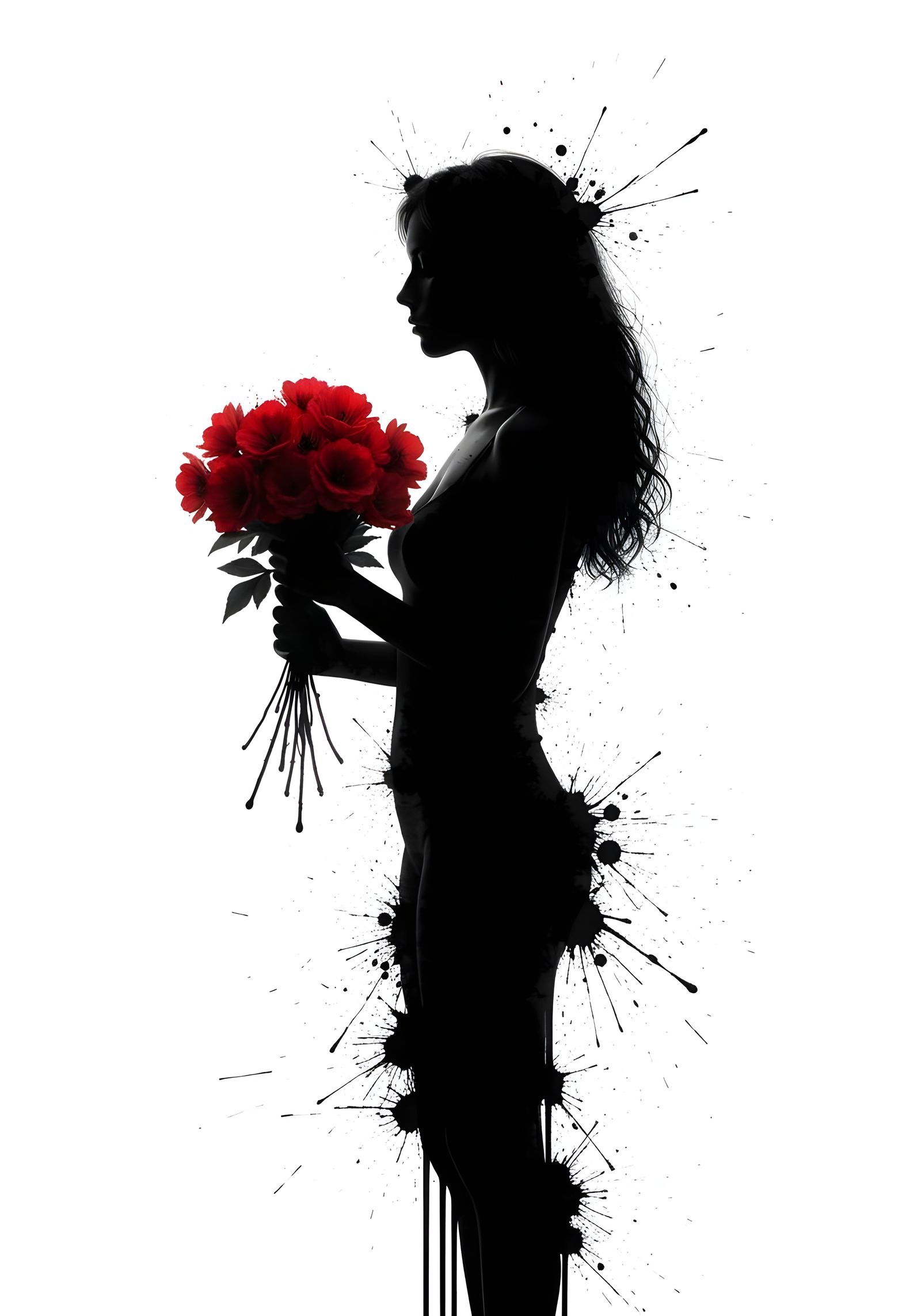Woman Silhouette with Red Flowers in Ink Splash Style