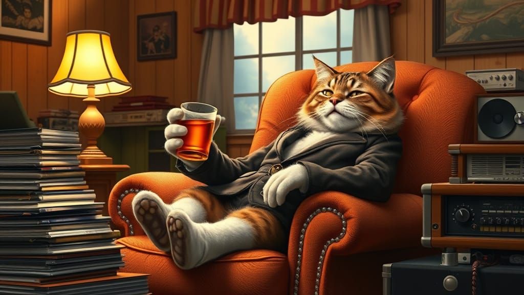 Boomer Cat Relaxing in Armchair with Vinyl Records