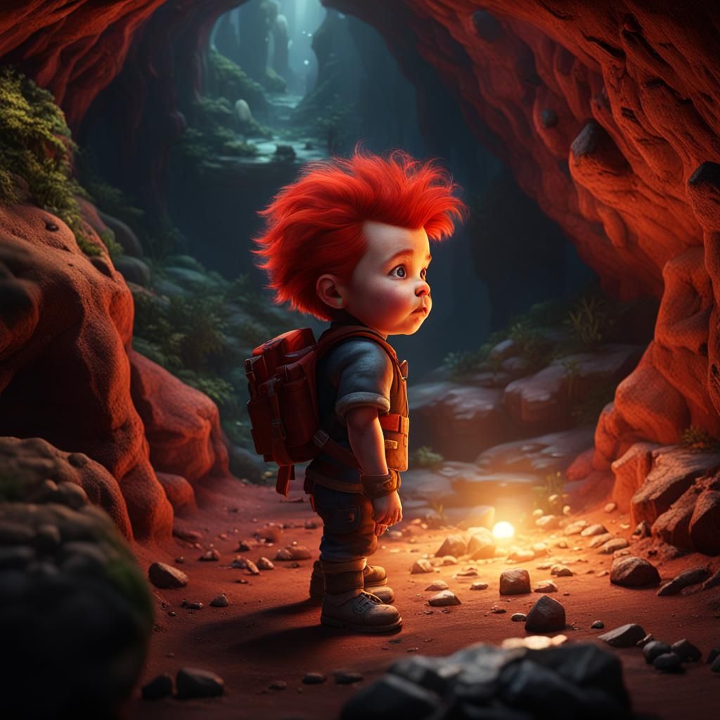 Red-Haired Toddler in Cave: Fantasy Concept Art