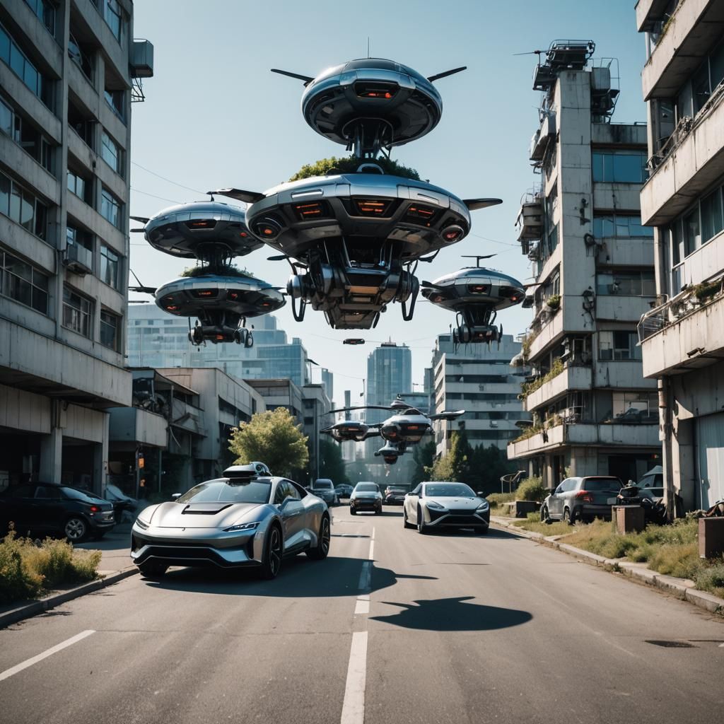 Dystopian Cityscape with Flying Cars and Robots