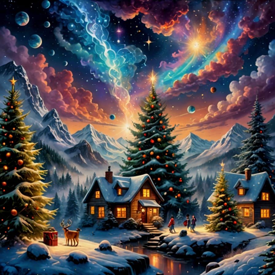 Ethereal Cosmic Christmas Scene in Vibrant Holographic Style
