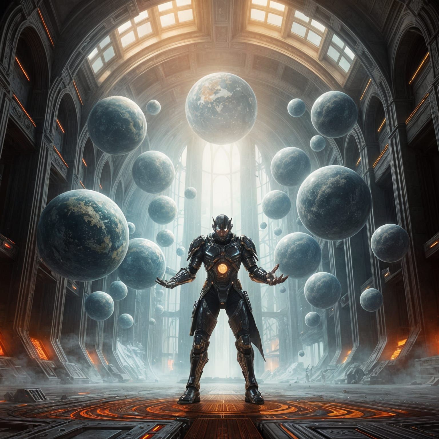 Cosmic Creator in Futuristic Cathedral