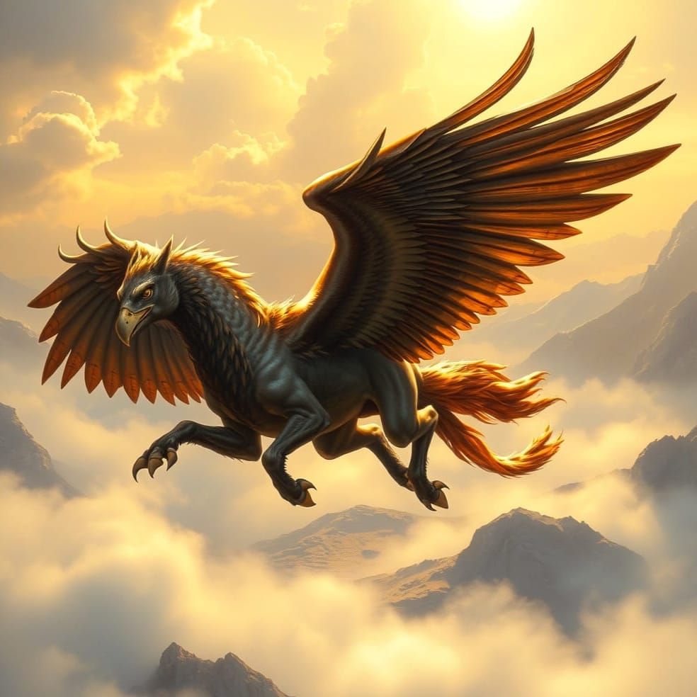 Golden Hippogriff Flight Above Misty Valley