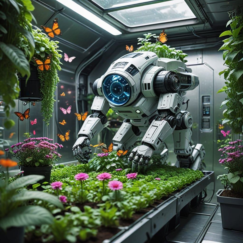 Futuristic Space Farm with Blooming Flowers and Robotic Care