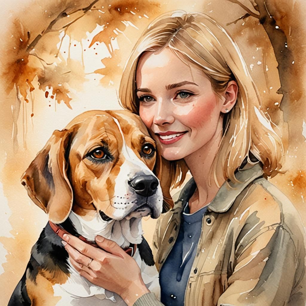 Heartwarming Portrait of Woman and Beagle in Watercolor
