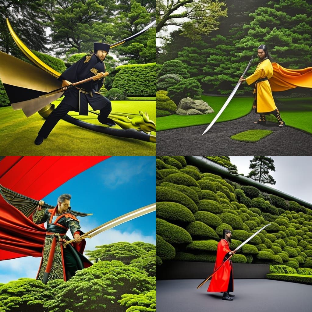 Samurai on Dragon in Lush Garden