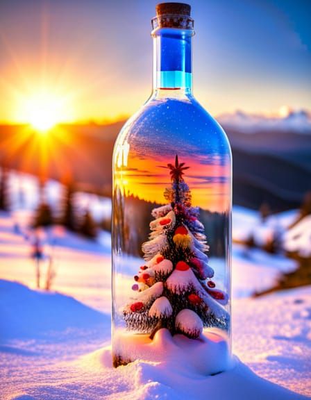 Christmas Tree in a Bottle with Snowy Sunset