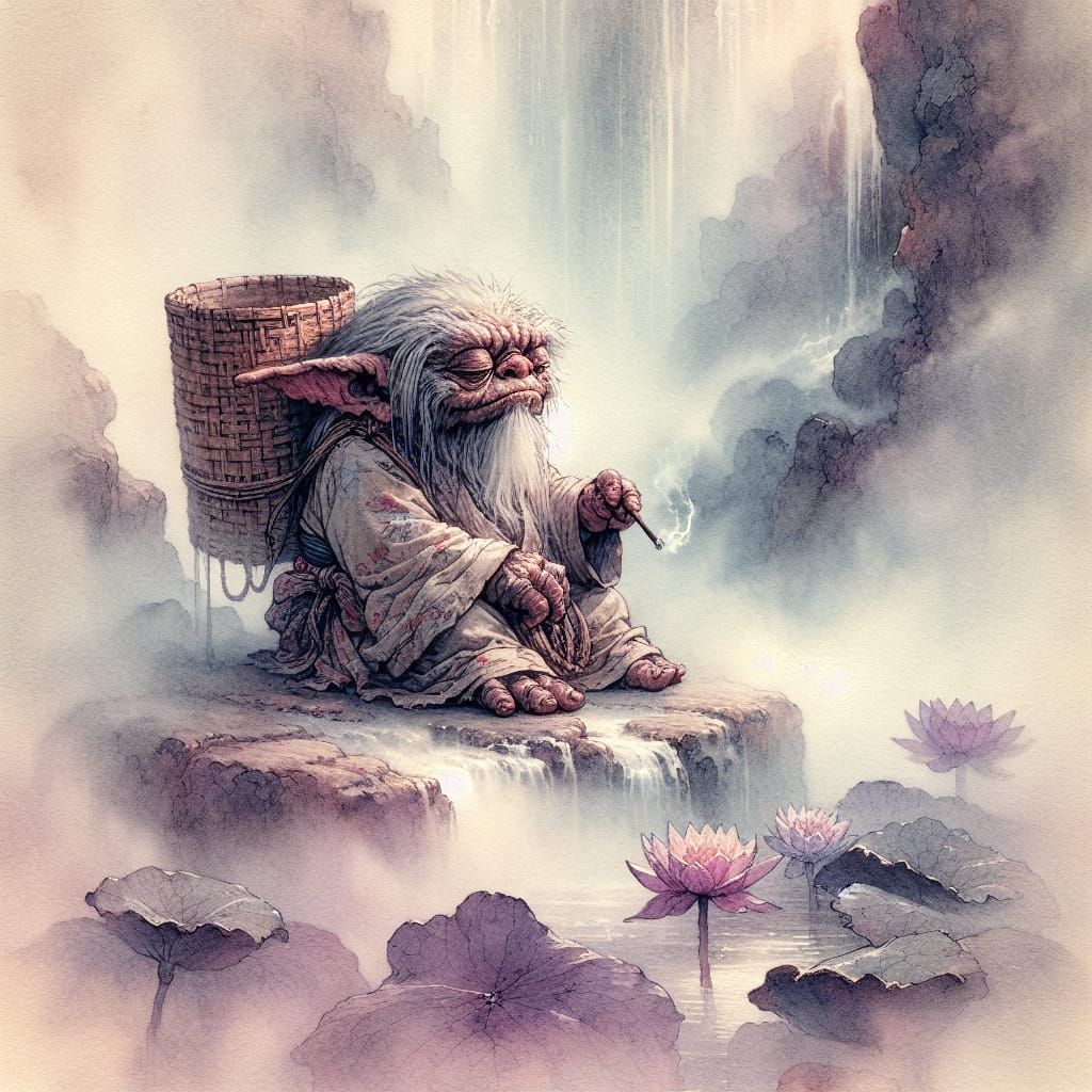 Meditative Gremlin in Ukiyoe Dreamscape