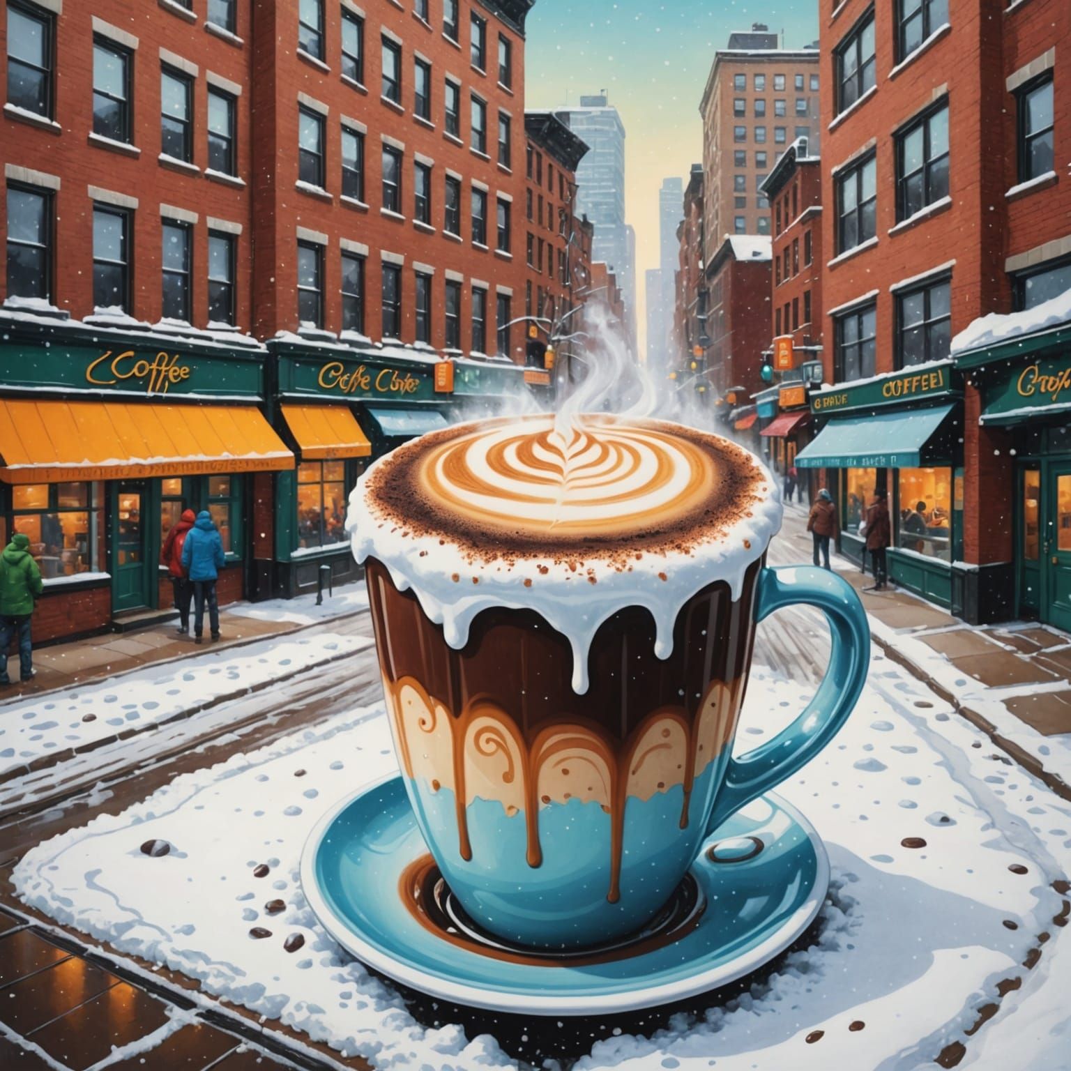 Coffee Cup Building in Snowy City, Illustrated Style