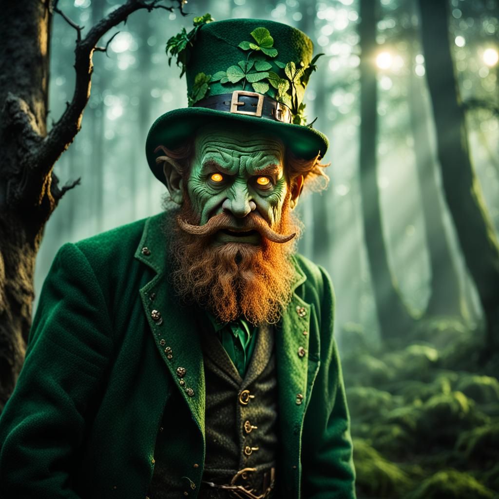 Menacing Leprechaun in Misty Forest: Irish Folk Horror