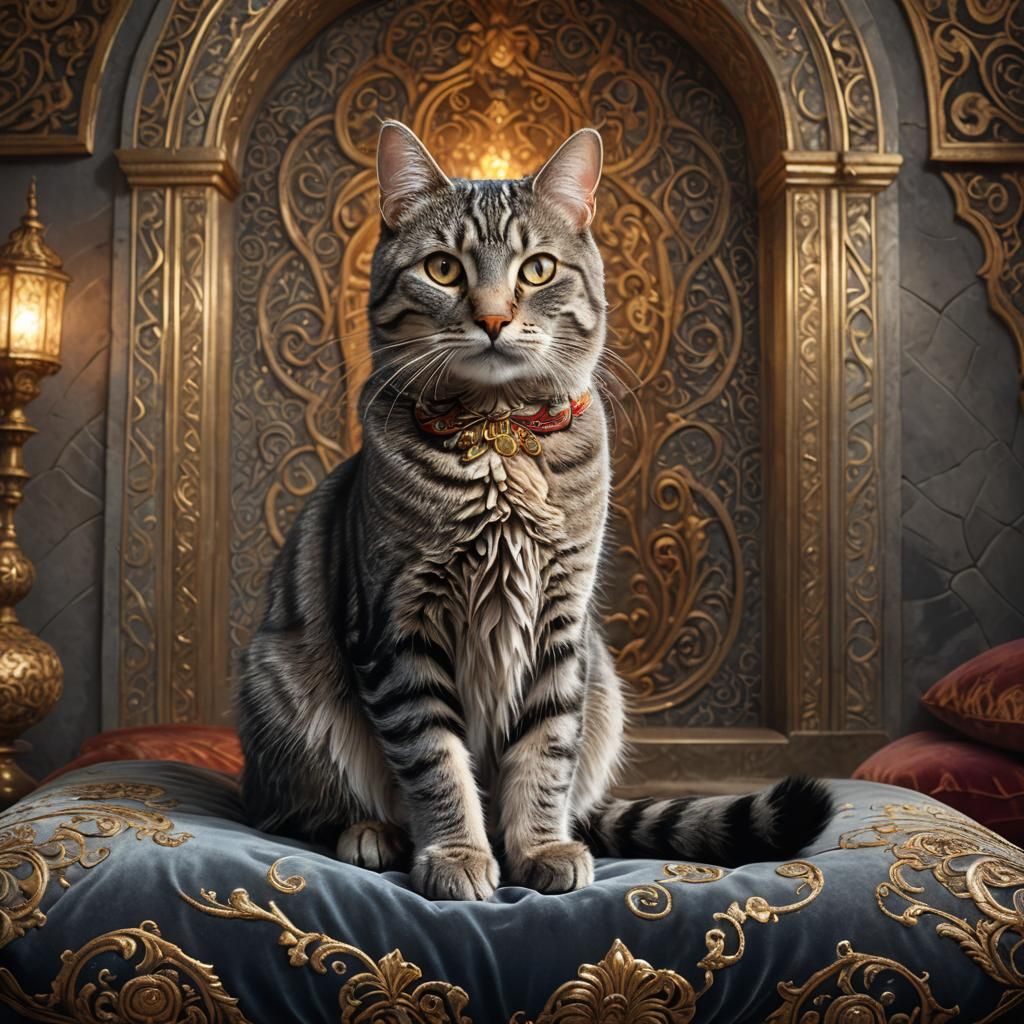 Regal Gray Tabby Cat in Mystical Chamber