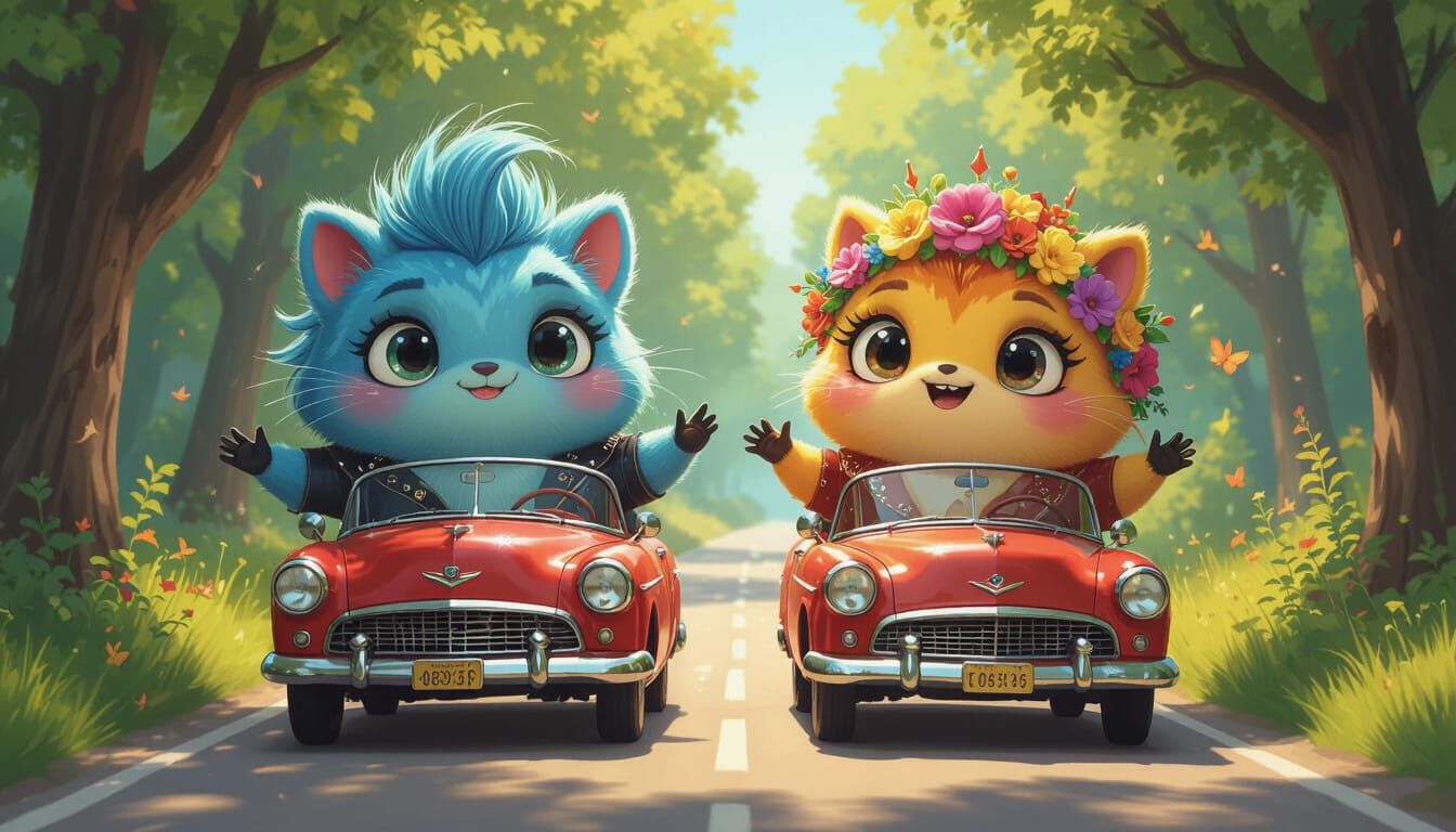 Anthropomorphic Hedgehogs Drive Convertible, Fantasy Digital...