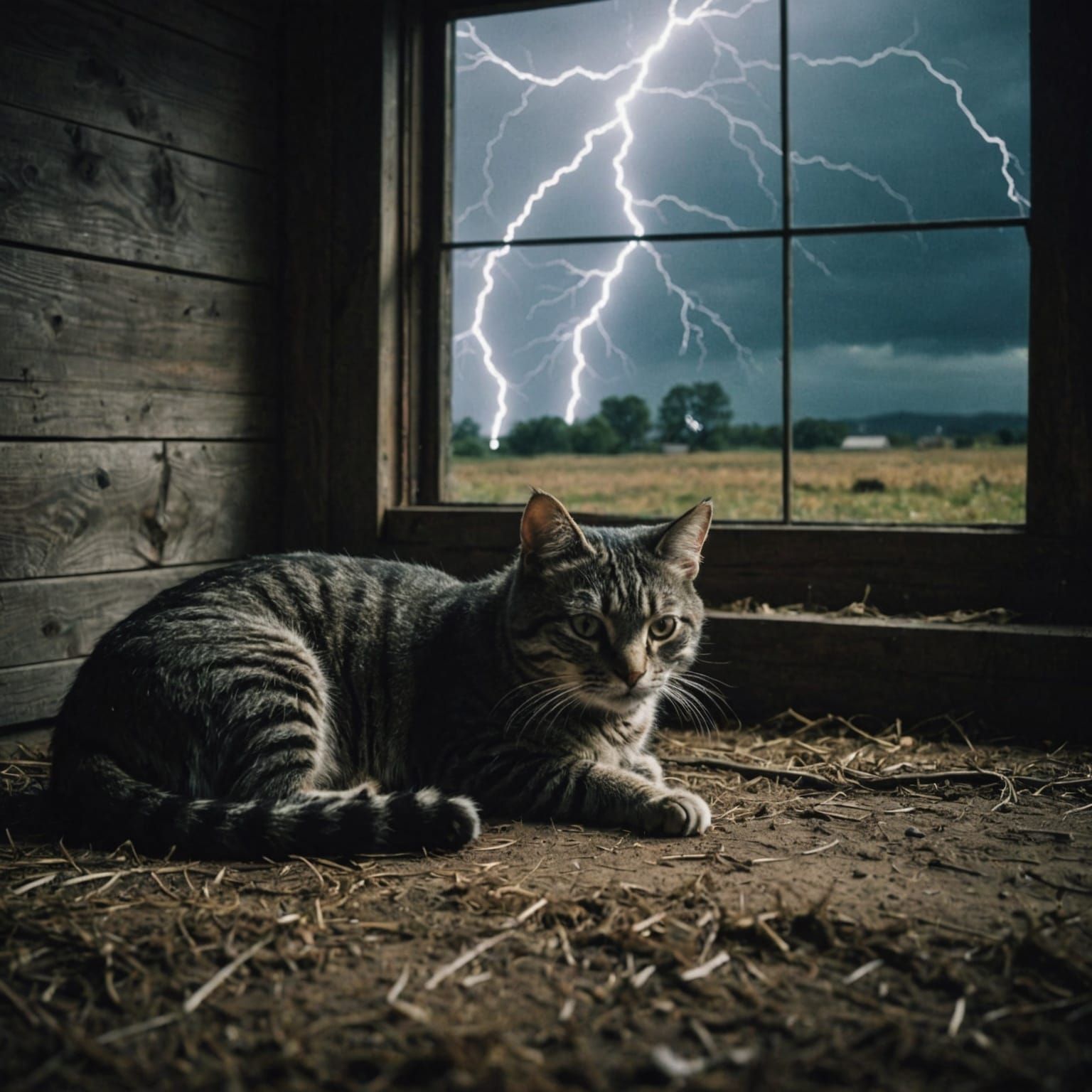 Cinematic Barn Scene: Tabby Cat, Pigs, Lightning