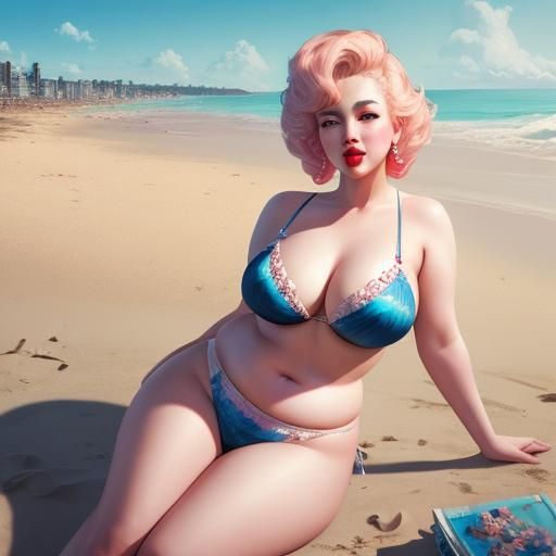 A chubby Marilyn on the beach, by WLOP, Carne Griffiths, Simon Dewey, Artgerm, Lou Xaz, Pixar, intricately detailed conc...