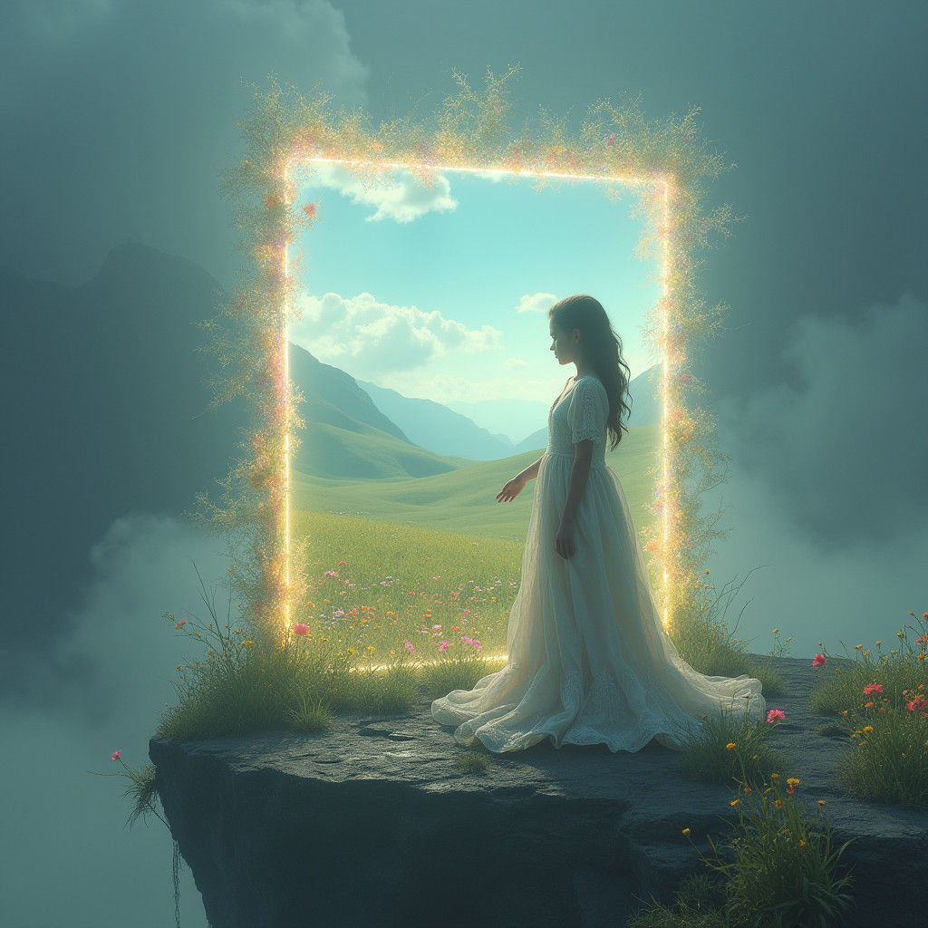 Girl Before Portal to Sunlit Meadow