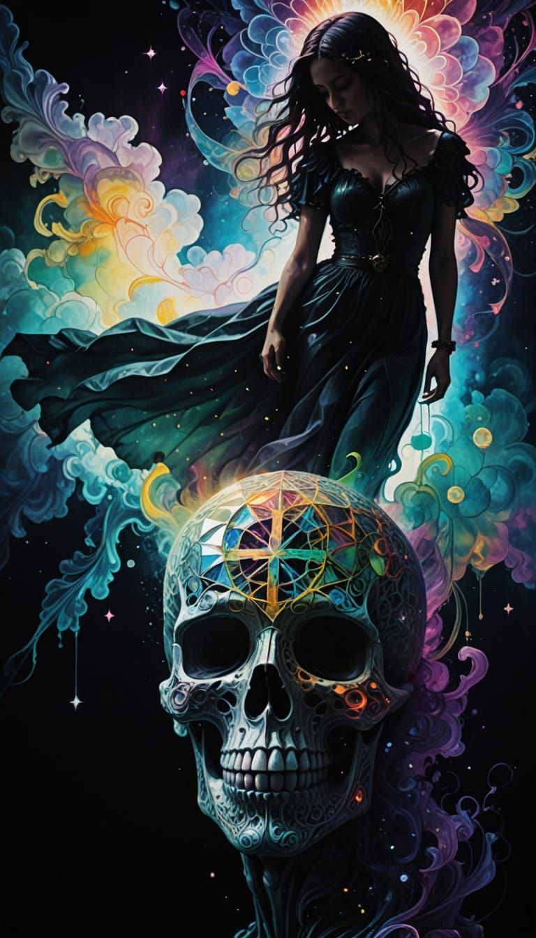 A luminous rainbow geometric unity descending from the heavens, composed of intricately patterned Catholic religious sym...