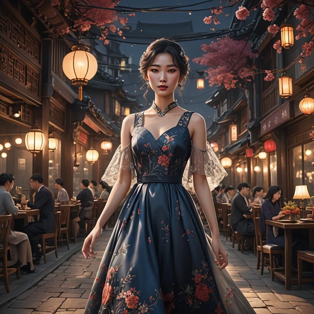Korean Girl in Chic Dress: Romantic Dinner, Detailed Paintin...